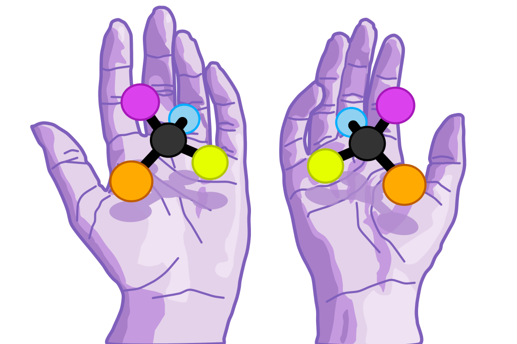 An image of purple hands with their palms facing upwards. Above each hand is a large versions of a molecule with four different atoms each one a different colour. The molecules are mirror images of each other. They cast shadows on the hands below. 